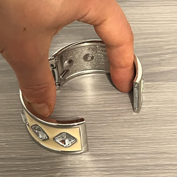 Ann Taylor Silver and Cream Enamel Hinged Bracelet with CZ Diamonds - Picture 6 of 7